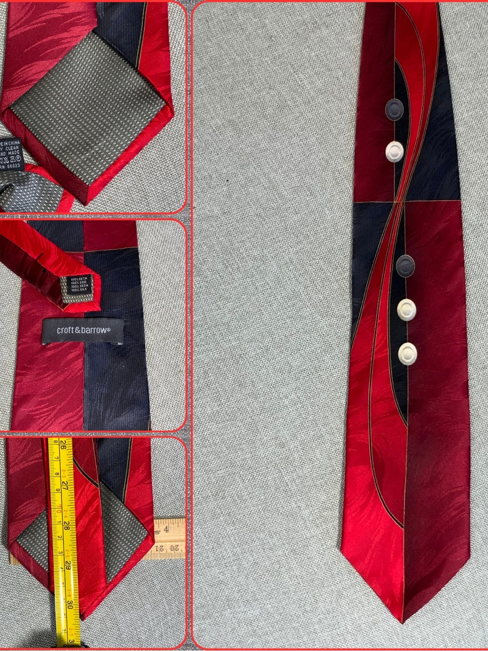 Croft & Barrow Silk Long Tie Red Black Geometric 61”